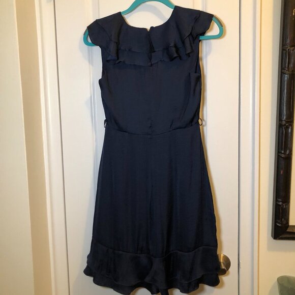 Bardot Satin Layered Frill Ruffle Faux Mini Wrap Mini Dress Navy Size 6/S NWT - Picture 5 of 10